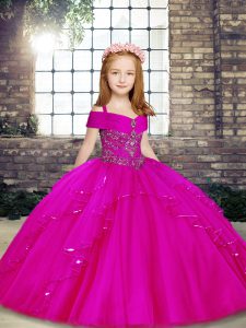 Floor Length Fuchsia Pageant Dresses Straps Sleeveless Lace Up