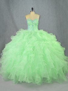 Sleeveless Organza Floor Length Lace Up 15th Birthday Dress in Green with Beading and Ruffles
