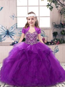 Purple Tulle Lace Up Straps Sleeveless Floor Length Pageant Dress for Girls Beading and Ruffles