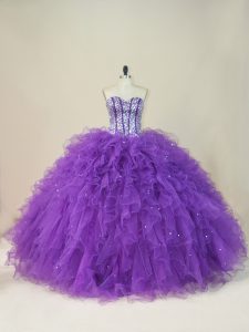 Sexy Sweetheart Sleeveless Quinceanera Dress Floor Length Beading and Ruffles Purple Tulle
