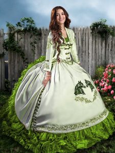 Fitting Sleeveless Organza Floor Length Lace Up Vestidos de Quinceanera in Olive Green with Embroidery and Ruffles