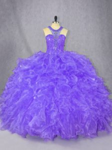 Chic Purple Ball Gowns Scoop Sleeveless Organza Floor Length Zipper Beading 15th Birthday Dress
