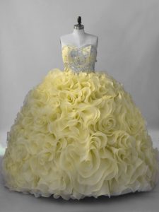 Yellow Sleeveless Fabric With Rolling Flowers Lace Up Quinceanera Gown for Sweet 16 and Quinceanera