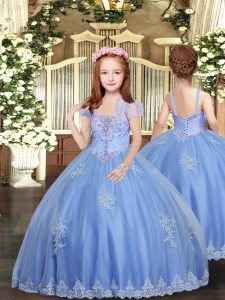 Admirable Straps Sleeveless Lace Up Child Pageant Dress Baby Blue Tulle