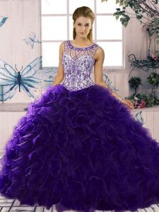 Stylish Purple Sleeveless Floor Length Beading and Ruffles Lace Up Vestidos de Quinceanera
