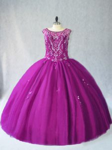 Top Selling Scoop Sleeveless 15th Birthday Dress Floor Length Beading Purple Tulle