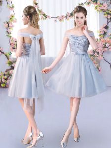 Grey Off The Shoulder Neckline Lace and Belt Quinceanera Court of Honor Dress Sleeveless Lace Up