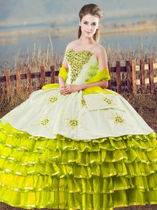 Cute Sleeveless Floor Length Beading and Ruffled Layers Lace Up Sweet 16 Dress with Olive Green