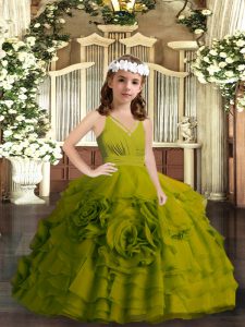 Olive Green Zipper Little Girl Pageant Dress Ruffled Layers Sleeveless Floor Length