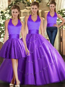 Beading 15 Quinceanera Dress Purple Lace Up Sleeveless Floor Length
