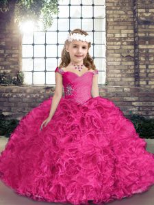 Sleeveless Fabric With Rolling Flowers Floor Length Lace Up Little Girls Pageant Dress Wholesale in Fuchsia with Beading