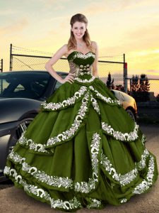 Admirable Olive Green Sweetheart Neckline Embroidery and Ruffled Layers Quince Ball Gowns Sleeveless Lace Up