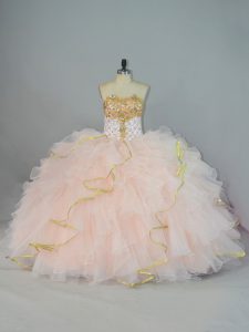 Beauteous Peach Sleeveless Floor Length Beading and Ruffles Lace Up Quinceanera Gown