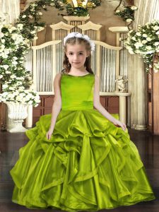 Olive Green Organza Lace Up Scoop Sleeveless Floor Length Pageant Gowns For Girls Ruffles