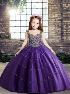 Glittering Purple Sleeveless Beading Floor Length Glitz Pageant Dress