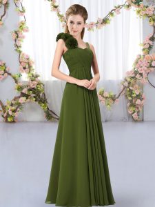 Fine Olive Green Chiffon Lace Up Straps Sleeveless Floor Length Dama Dress for Quinceanera Hand Made Flower