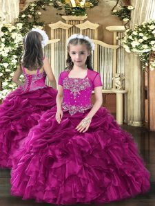 Fuchsia Sleeveless Floor Length Beading and Ruffles Lace Up Little Girl Pageant Dress