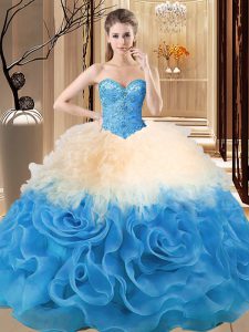 Beauteous Multi-color Organza and Fabric With Rolling Flowers Lace Up Sweetheart Sleeveless Floor Length 15 Quinceanera Dress Beading and Ruffles