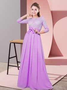 Lilac Empire Chiffon Scoop 3 4 Length Sleeve Lace and Belt Floor Length Side Zipper Damas Dress