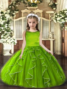 Fashionable Olive Green Lace Up Little Girls Pageant Dress Ruffles Sleeveless Floor Length