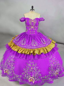 Popular Floor Length Lace Up Quince Ball Gowns Purple for Sweet 16 and Quinceanera with Embroidery