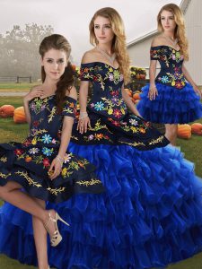 Super Blue And Black Sweet 16 Dress Military Ball and Sweet 16 and Quinceanera with Embroidery and Ruffled Layers Off The Shoulder Sleeveless Lace Up