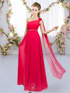 Red Sleeveless Beading and Hand Made Flower Floor Length Dama Dress