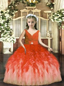 Rust Red Sleeveless Tulle Backless Child Pageant Dress for Party and Sweet 16 and Wedding Party