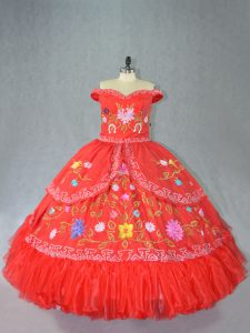 Flare Embroidery Sweet 16 Quinceanera Dress Red Lace Up Sleeveless Floor Length