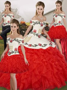 Chic Off The Shoulder Sleeveless Organza Quince Ball Gowns Embroidery and Ruffles Lace Up