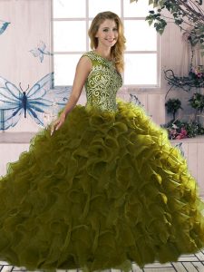 Excellent Olive Green Sleeveless Floor Length Beading and Ruffles Lace Up Sweet 16 Dresses