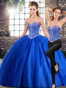 Fitting Blue Quince Ball Gowns Military Ball and Sweet 16 and Quinceanera with Beading Sweetheart Sleeveless Brush Train Lace Up