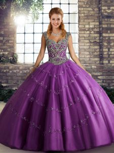 Pretty Tulle Straps Sleeveless Lace Up Beading and Appliques Ball Gown Prom Dress in Purple