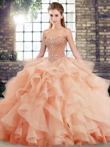 Dazzling Peach Lace Up Sweetheart Beading and Ruffles Quinceanera Gown Tulle Sleeveless Brush Train