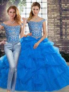 Inexpensive Blue Lace Up Quinceanera Gown Beading and Pick Ups Sleeveless Brush Train