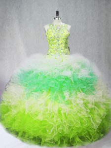 Sleeveless Tulle Floor Length Zipper Vestidos de Quinceanera in Multi-color with Beading and Ruffles
