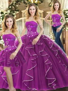 Enchanting Purple Tulle Lace Up Strapless Sleeveless Floor Length 15 Quinceanera Dress Beading and Ruffles