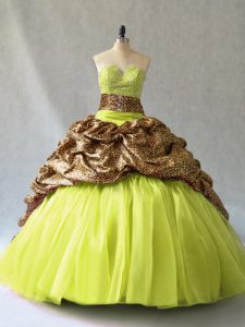 Yellow Green Sleeveless Organza and Printed Brush Train Lace Up Quinceanera Dresses for Sweet 16 and Quinceanera
