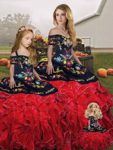Organza Off The Shoulder Sleeveless Lace Up Embroidery and Ruffles Quinceanera Gown in Red And Black