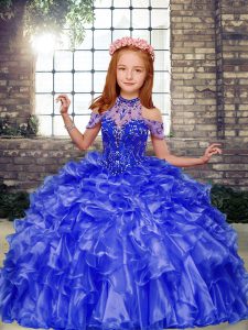 Modern Blue Ball Gowns Organza Halter Top Sleeveless Beading and Ruffles Floor Length Lace Up Little Girls Pageant Gowns