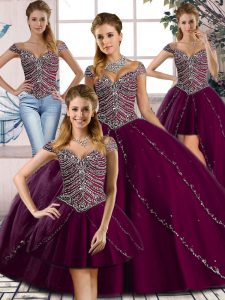 Brush Train Ball Gowns Quince Ball Gowns Purple Sweetheart Tulle Cap Sleeves Lace Up