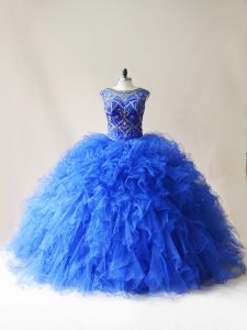 Beading and Ruffles Vestidos de Quinceanera Royal Blue Lace Up Sleeveless Floor Length
