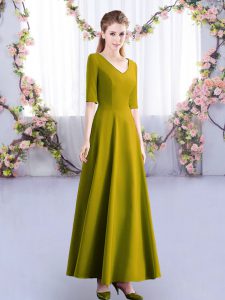 Olive Green Empire V-neck Half Sleeves Satin Ankle Length Zipper Ruching Quinceanera Dama Dress