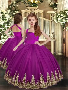 Popular Sleeveless Tulle Asymmetrical Lace Up Girls Pageant Dresses in Purple with Embroidery