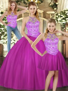 Sophisticated Halter Top Sleeveless Quinceanera Gown Floor Length Beading Fuchsia Tulle