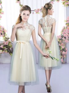 Simple High-neck Cap Sleeves Zipper Court Dresses for Sweet 16 Champagne Tulle