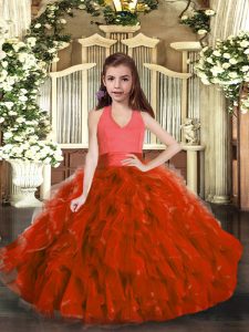 Super Rust Red Lace Up Halter Top Ruffles Pageant Dress for Teens Organza Sleeveless
