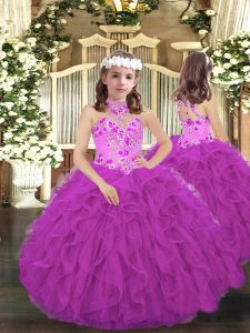 Purple Lace Up Halter Top Embroidery and Ruffles Little Girls Pageant Dress Tulle Sleeveless
