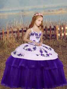 Floor Length Eggplant Purple High School Pageant Dress Tulle Sleeveless Embroidery