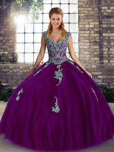 Floor Length Purple Quinceanera Gowns Tulle Sleeveless Beading and Appliques